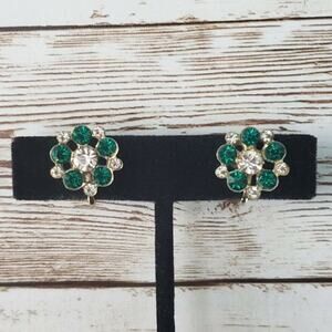 Vintage Screw On Earrings - Green & Clear Gems Flower Shape